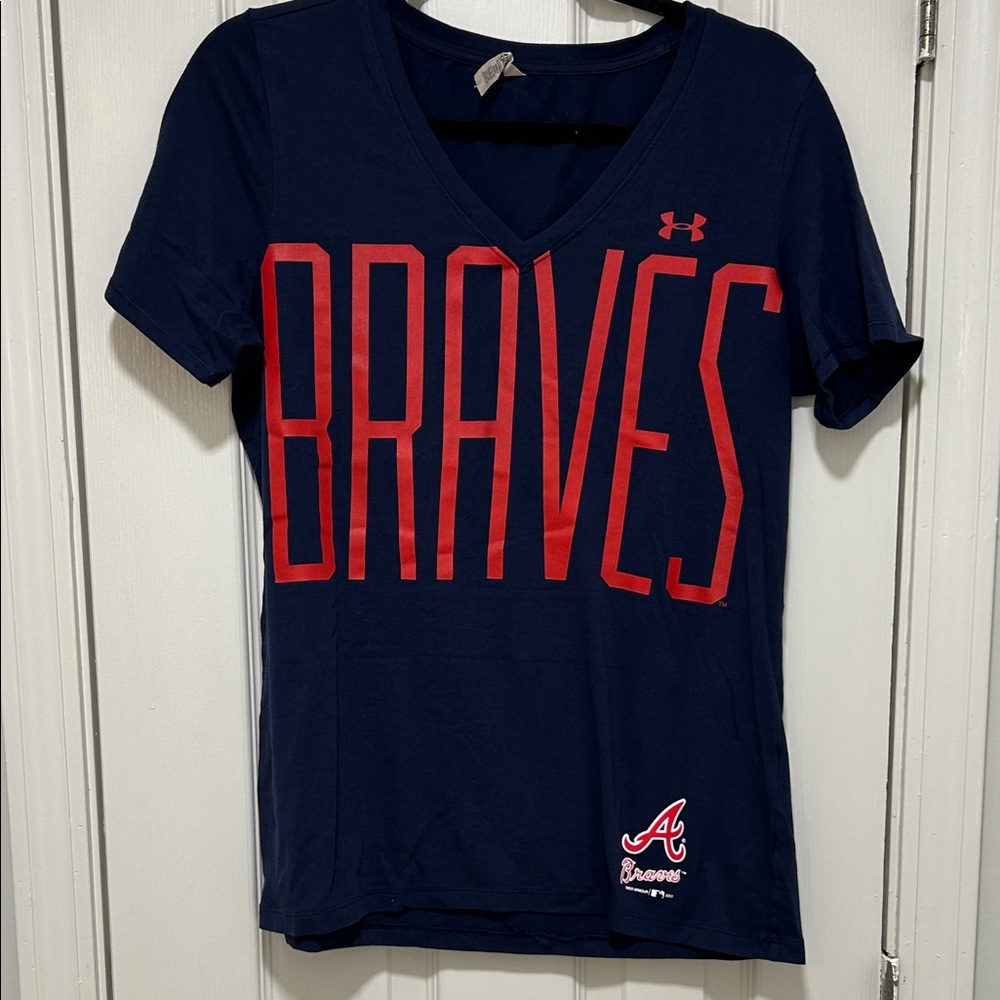 Under Armour Navy V-Neck Braves Tee with Red Graphics